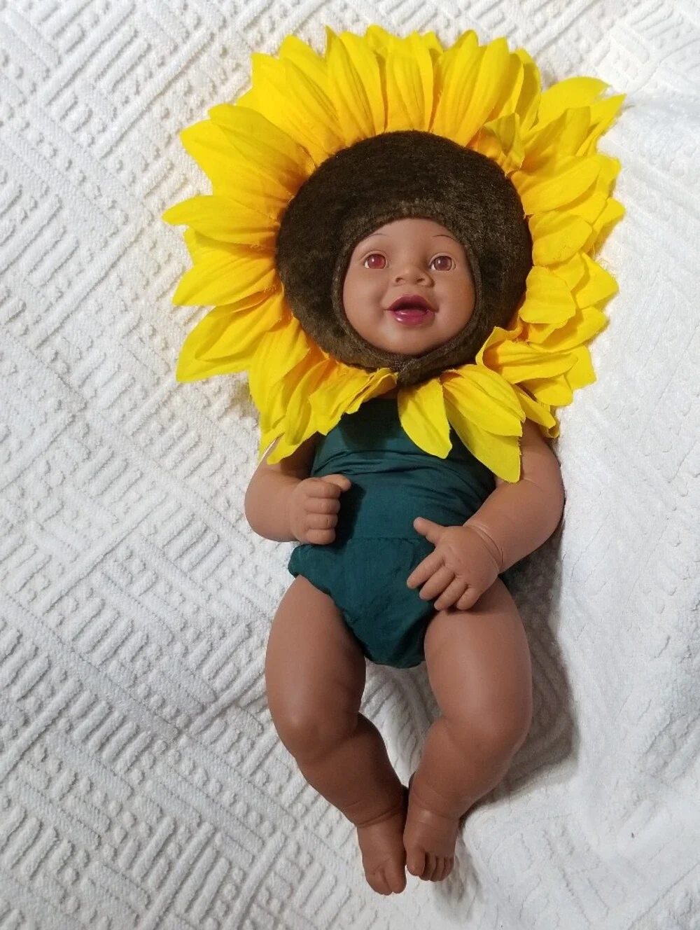 Vintage Anne Geddes Baby Doll With Yellow & Green Sunflower Costume & Headpiece